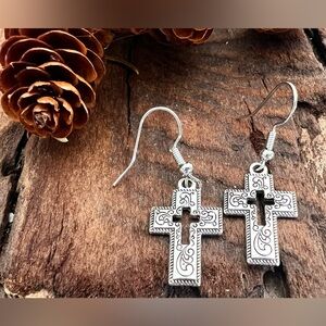 Brighton Hooks Cross Earrings Fine Silver .999 Plated Dangles Faith Church